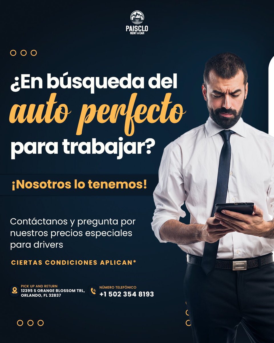 Paisclorentacar's tweet photo. ¿Deseas iniciar o ya te encuentras trabajando como Driver? Cualquiera sea el caso, Paisclo Rent a Car es tu fiel aliado 😎

Te ofrecemos increíbles opciones en vehículos perfectos para ti. 😉

¡Contáctanos! 👇🏻
📲 +1 (502) 354-8193

#CyYInvestmentsGroup #PaiscloRentACar https://t.co/cI1A8BGv4x