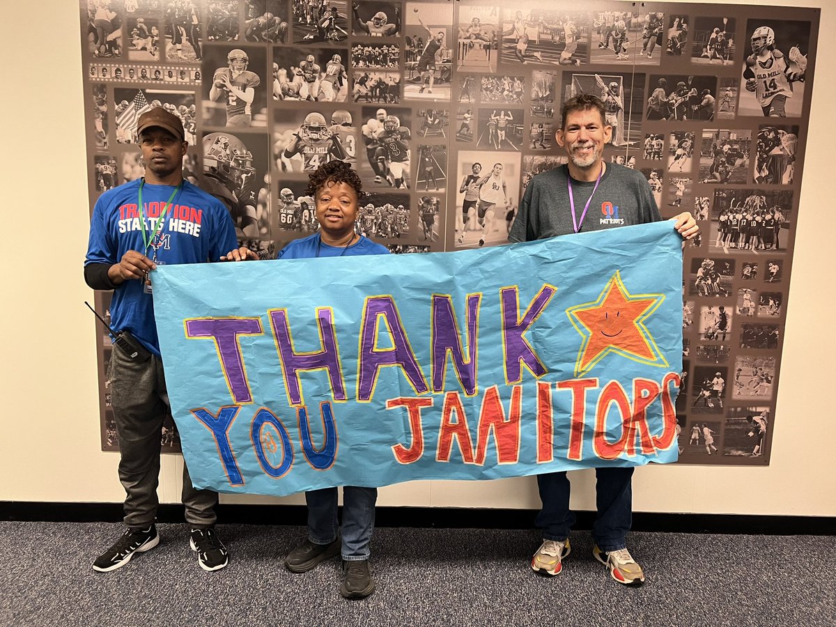 OldMillHSAACPS's tweet photo. Huge shout out to our daytime custodial staff- Mr. Robert, Ms. Sandra, Mr. Chuck and (not pictured Mr. Doug)! #aacpsback2awesome https://t.co/Vq0xgt64pR