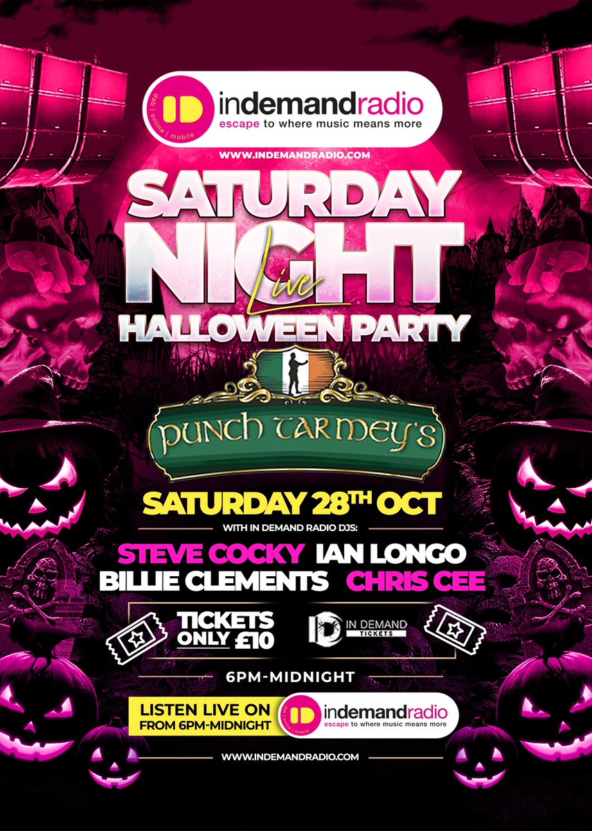 In Demand Radio presents Saturday Night Live ‘Halloween Party’ at @TarmeysPunch 🎃👻⁠⁠ ⁠ Saturday 28th October 2023 🗓⁠ 6pm – Midnight⁠ ⁠ Go to indemandradio.com for tickets and info