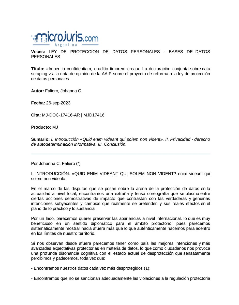JoyCfTw's tweet photo. ⚖📝#NOVEDAD📢Ya salió mi último artículo @microjurisar:
▪️“Imperitia confidentiam, eruditio timorem creat”. La #DeclaraciónConjunta sobre #DataScraping vs. la nota de Opinión de la #AAIP s/el #ProyectodeReforma a la #LeydeProteccióndeDatosPersonales." Dra.Johanna C. Faliero PhD https://t.co/hXVZxmzlQR