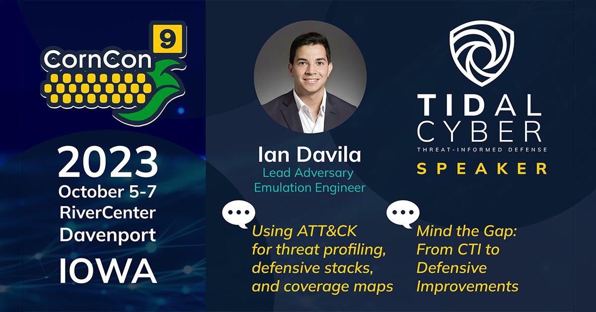 Meet us in Iowa at the 2023 <a href="/QCCornCON/">CornCon Cybersecurity Conference</a> on 10/5-7. <a href="/advemuian/">Ian</a> will be presenting "Using ATT&amp;CK for Threat Profiling, Defensive Stacks, and Coverage Maps" and "Mind the Gap: From CTI to Defensive Improvements." Use code "TID25" for 25% off! corncon.net #mitreattack