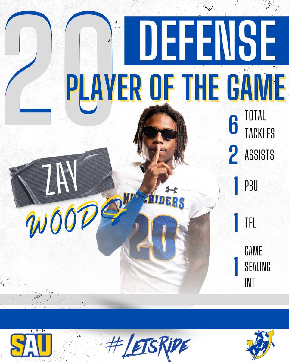 SAUFootball's tweet photo. CONGRATS to @OfFiCaLzAy7 our Mulerider Defensive Player Of The Week winner in our #VICTORY over Southern Nazarene on Saturday!!! #LetsRide 🤙🏇#StrapCrew https://t.co/unaedIjK9A
