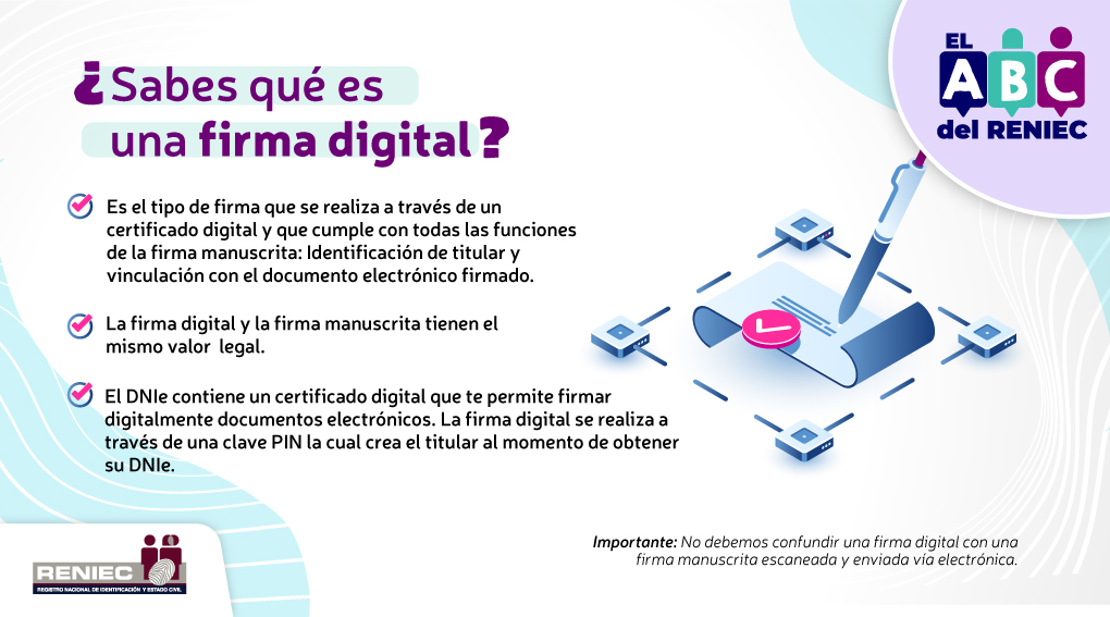 📢 #ABCDelReniec | En el chip de tu DNI electrónico se almacena un certificado para la #FirmaDigital. ¿Conoces qué es la firma digital? 🧐, acá te lo explicamos.