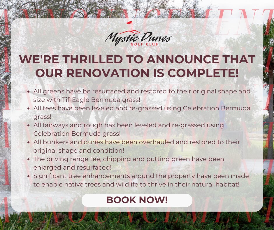 We're thrilled to announce that our renovation is complete! We look forward to welcoming you back! Grab your golf clubs and book online now: mysticdunesgolf.com ⛳🥳