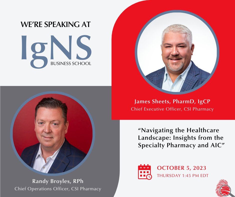 CSI Pharmacy CEO, James Sheets, and COO, Randy Broyles, will be co-presenting with RxToolKit COO, Reece Norris, this week during the IgNS Business School in Denver. If you haven't registered yet, visit conferences.ig-ns.org/IgNS-2023/Regi…. Looking forward to it!
#IgNS #IgNS2023