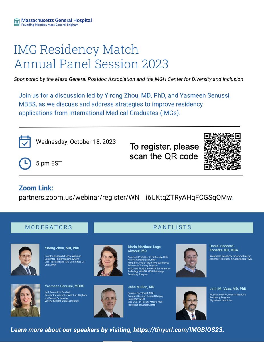 We kindly invite you to attend our 2023 IMG Residency Match Panel, featuring four distinguished MGH residency program directors. We will discuss 2023 residency match results and application strengthening strategies and more. Register here: eventbrite.com/e/img-residenc…