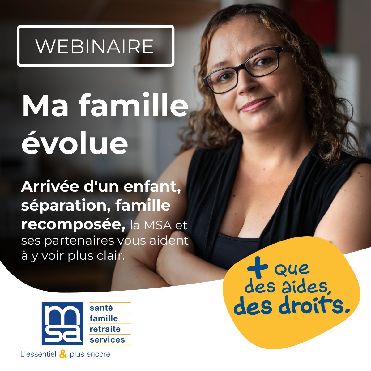 msa_actu's tweet photo. 📆Webinaire « Ma famille évolue » le 16/10 à 20h
Naissance, séparation...Quand une famille change, le quotidien aussi. La @msa_adn propose d'échanger avec des professionnels sur les conséquences économiques et psychologiques de ces changements et les moyens d’y faire face.
➡️https://t.co/u6qukczcUp