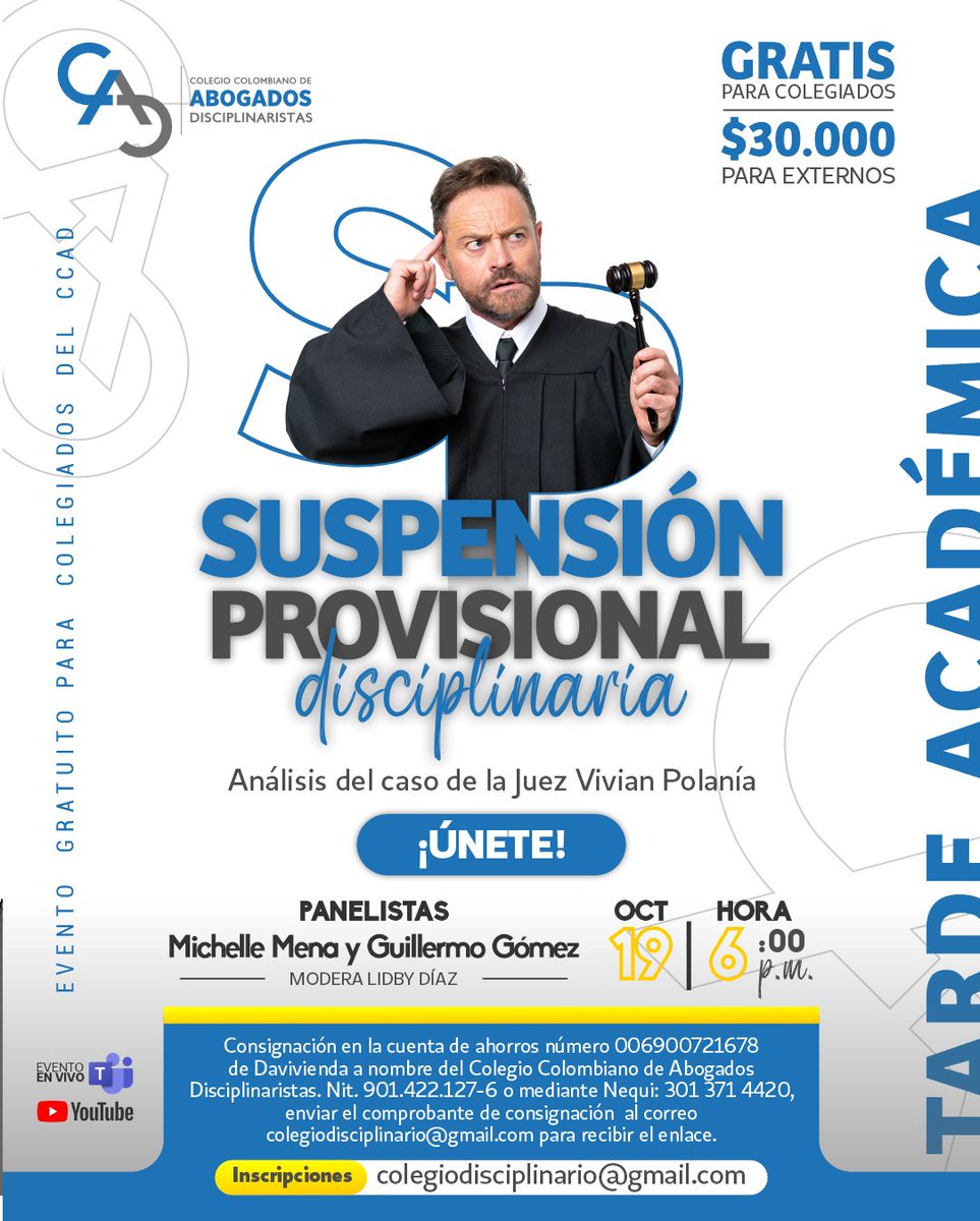 lidby21's tweet photo. No te pierdas nuestra próxima tarde académica donde conoceremos la figura de suspensión provisional en materia disciplinaria; también analizaremos el caso de la juez Vivian Polanía quien por segunda vez fue suspendida provisionalmente por la CSDJ de Norte de Santander. https://t.co/CXaGUNXfXf
