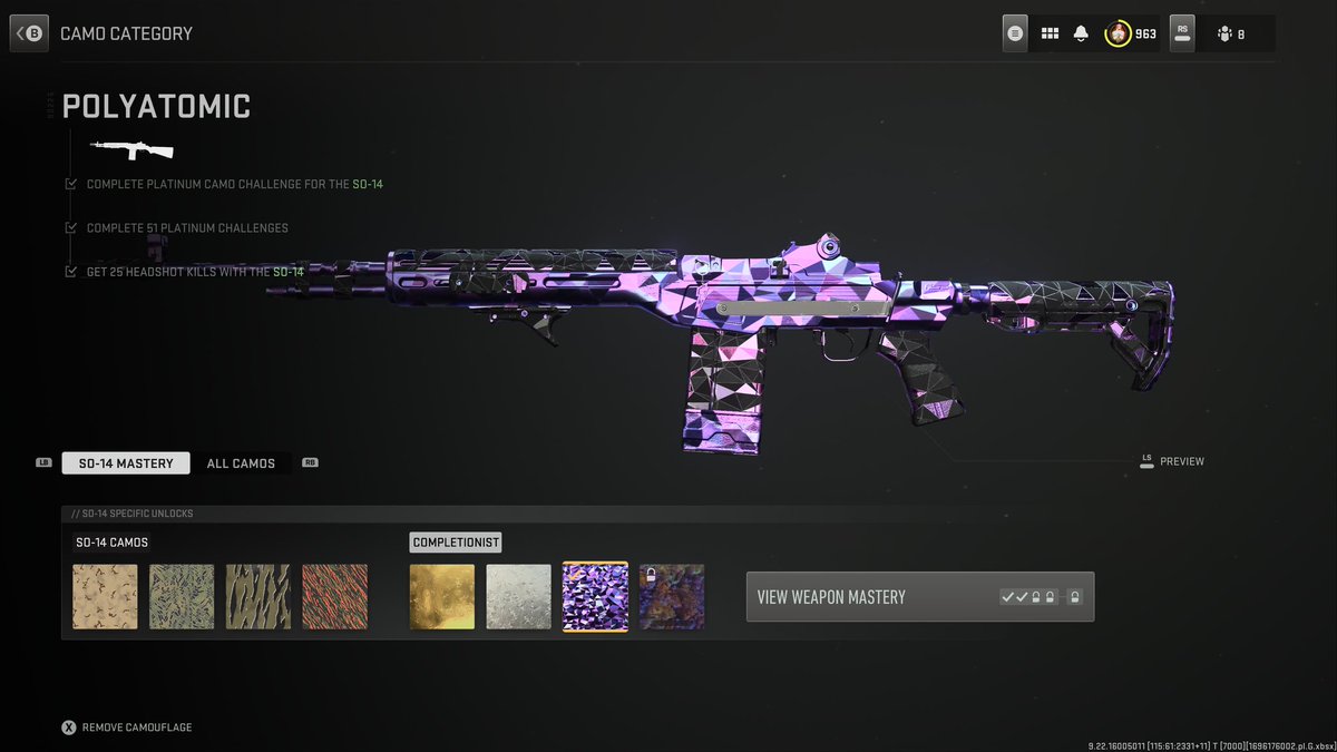 LinsaneGamer's tweet photo. @CallofDuty  Focused hard the past month on weapons camo in #MWII and finally unlocked polyatomic on my favorite gun. 🥰 https://t.co/FNy0Q041e9