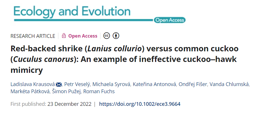🏆 We would like to announce that master's student <a href="/KrausovaLadi/">Ladislava Krausová</a>  has been selected as the recipient of the 2023 Zdenek Veselovsky CSEtS #Award, the famous Czech ethologist, for her article on the relationship between the red-backed shrike and the cuckoo. Congratulations! 👏
