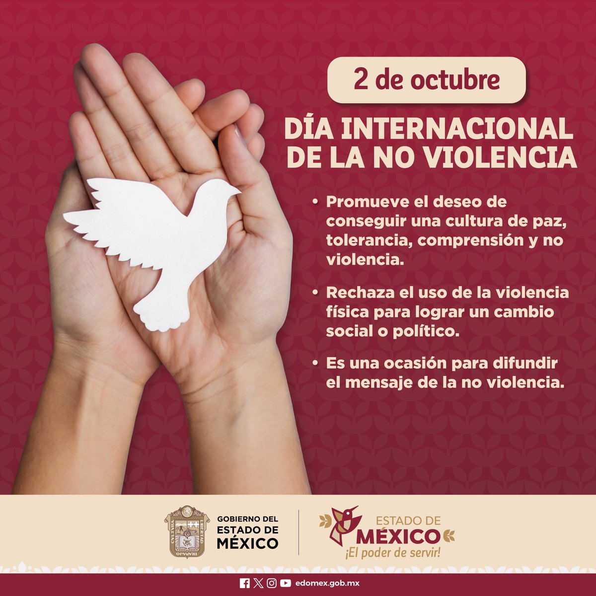 delfinagomeza's tweet photo. Hoy es el Día Internacional de la No Violencia, que busca promover una cultura de paz y tolerancia, desde la educación y la conciencia pública. #ElPoderDeServir https://t.co/W7kCLs4nSV