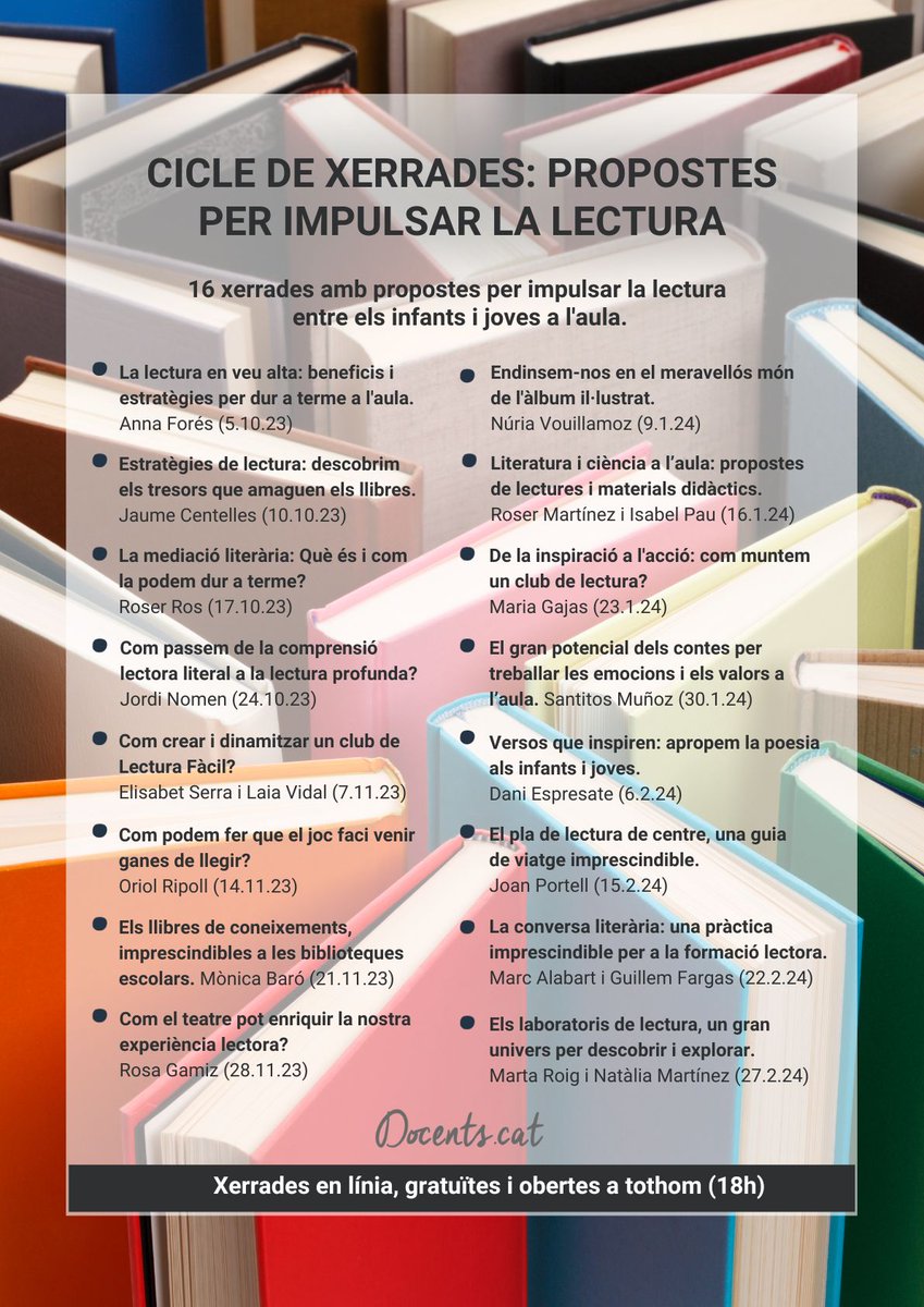 NatiBergada's tweet image. 📢 Cicle de xerrades: propostes per impulsar la lectura

16 xerrades enfocades a descobrir com podem enriquir i millorar les pràctiques lectores que duem a terme a l'aula.

Les xerrades són en línia, gratuïtes i obertes a tothom! 😉

T’hi esperem 😊

docents.cat/cicle/