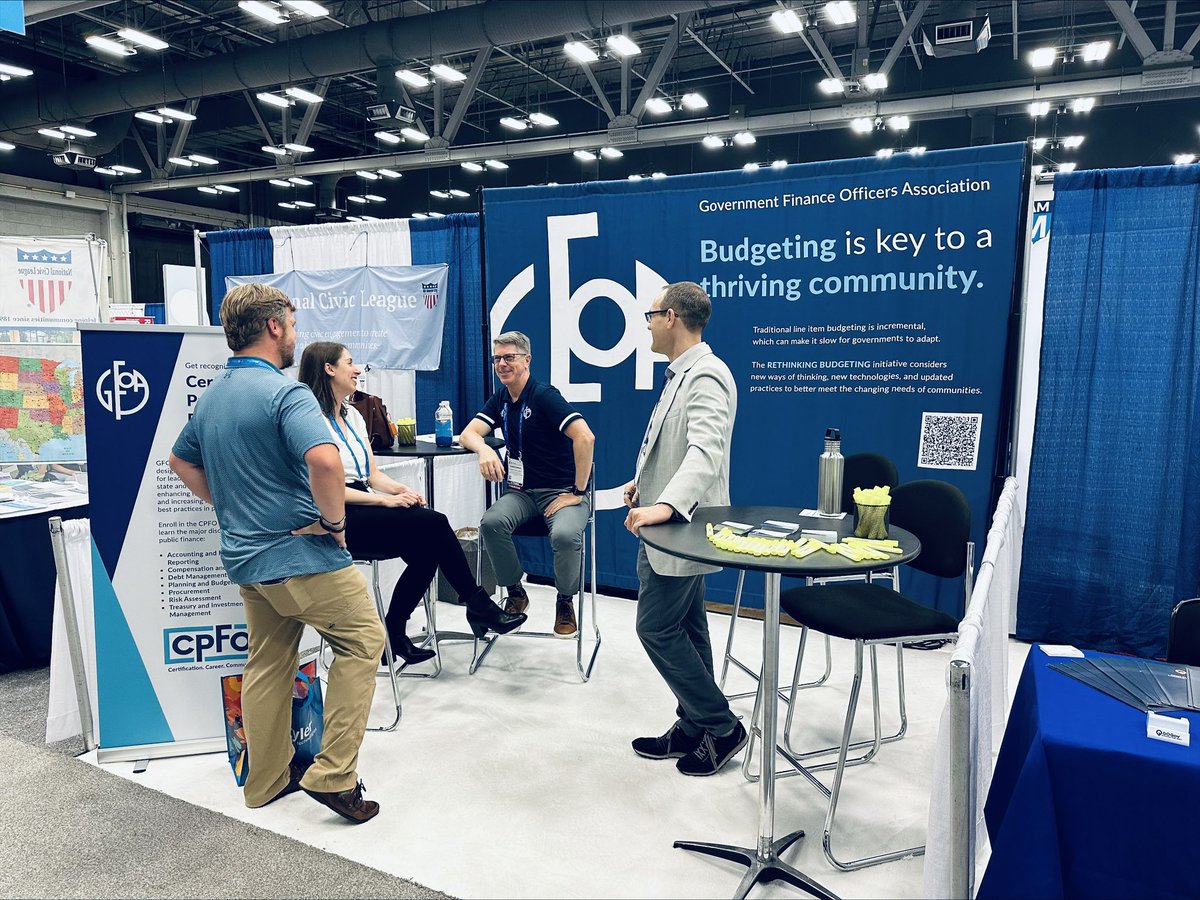 GFOA's tweet photo. We’re excited to be at #ICMA2023 to talk about our #RethinkingBudgeting initiative and Certified Public Finance Officer (CPFO) program. Stop by and see us in the Exhibit Hall. We’re located at Booth 133. https://t.co/S810ofTg6t
