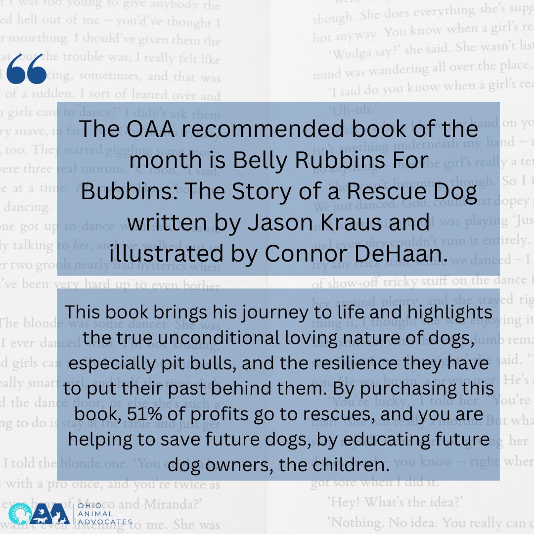 OHVoice4Animals's tweet photo. To celebrate the start of October, here is the OAA book of the month! 📚

Belly Rubbins For Bubbins: The Story of a Rescue Dog written by Jason Kraus and illustrated by Connor DeHaan. https://t.co/5c8UetLqSP