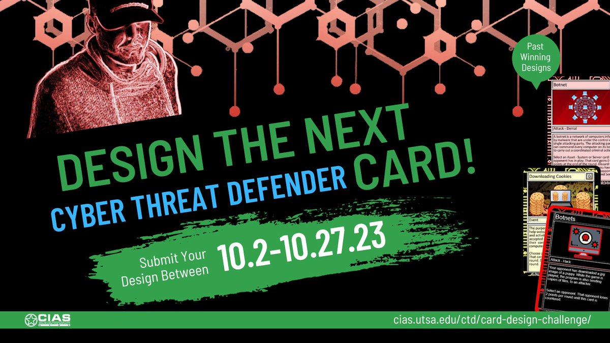 Are you a creative genius with a passion for #cybersecurity? Want to make a difference in the world of online safety while showcasing your artistic talent? Help create the next CTD cards w/ our "Cyber Threat Defender Card Design Challenge"! 
Details here > bit.ly/3UJET5A