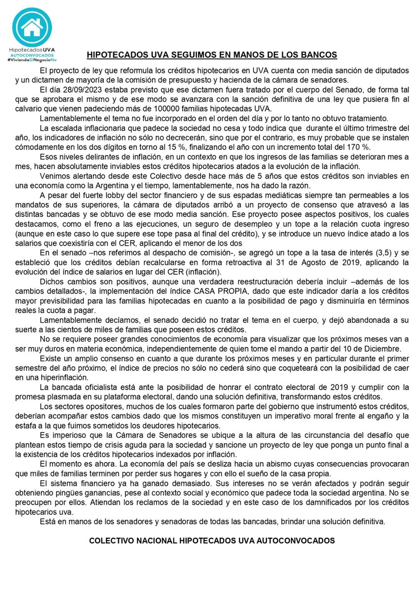 .<a href="/SenadoArgentina/">Senado Argentina</a> traten con COMPROMISO y SENSATEZ la crisis de #HipotecadosUVA. Los bancos siguen obteniendo ganancias escandalosas a costa del sacrificio de nuestras familias.
Es URGENTE poner fin a la #UsuraUVA.
 Necesitamos #IndiceCasaPropia para pagar #HipotecasJustas !!