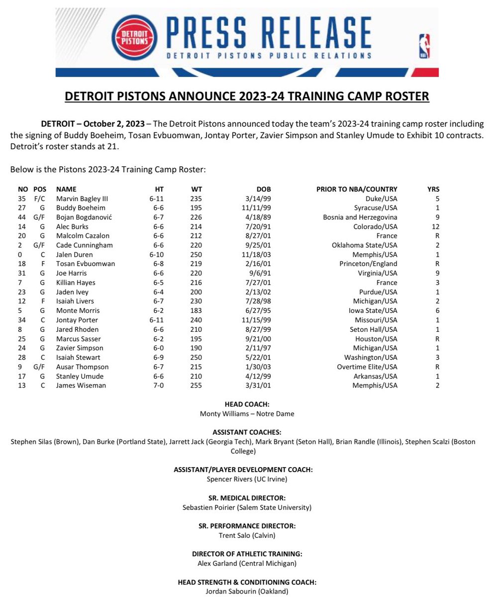The @DetroitPistons announced today the team’s 2023-24 training camp roster including the signing of Buddy Boeheim, Tosan Evbuomwan, Jontay Porter, Zavier Simpson and Stanley Umude to Exhibit 10 contracts.