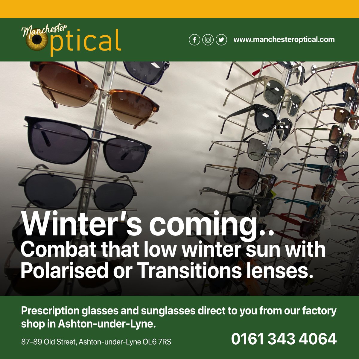 Get ready for winter at #Manchester Optical. Combat the glare from the low sun with #Polarised lenses or why not try #Transitions lenses that change their tint from clear to dark when exposed to sunlight. 

Call in to our factory shop in #AshtonUnderLyne for more information.