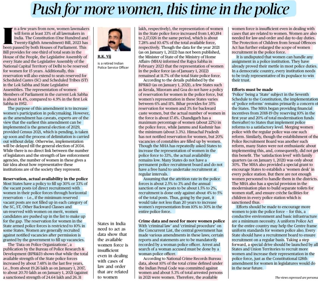 'Push for more Women, this time in the Police'
:An Insightful article by R.K.Vij Sir
@ipsvijrk 

#women #Police #WomenEmpowerment 
#WomenReservationBill #WomenInPolice 
#NariShaktiVandanAdhiniyam 
#Editorial

#UPSC 

Source: TH