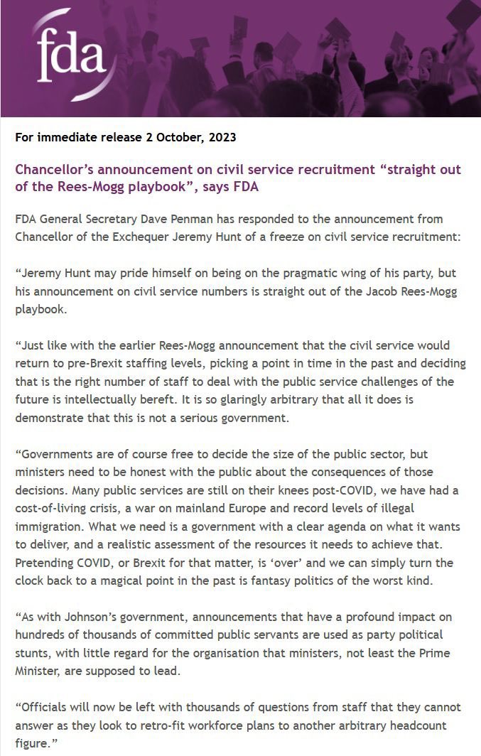 A serious govt makes serious decisions, understanding the consequences. Arbitrary targets and fantasy dates for perfect staffing levels ably demonstrate this is neither. 

My response to the Chancellor’s statement on cutting civil service numbers ⬇️