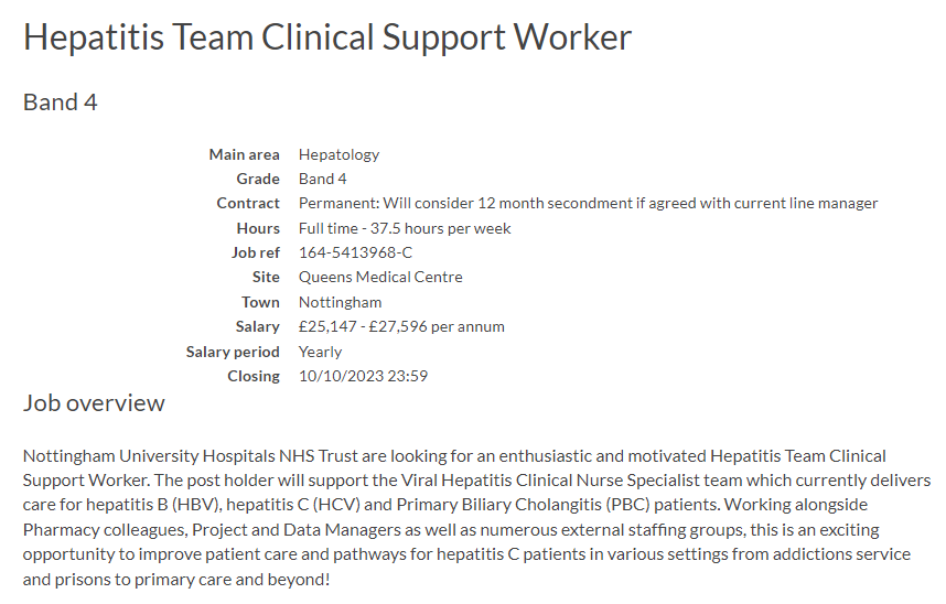 Are you looking for a role in Hepatitis Support? 

NUH are looking for a Clinical Support Worker within the Hepatitis Team to improve patient care and pathways for Hepatitis C patients. Click the link below to read the full job description and apply! ✏️

nuh.nhs.uk/jobs#!/job/v56…