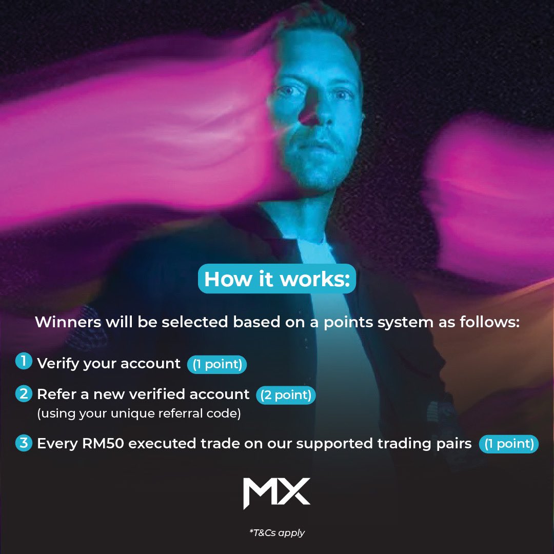 mxglobalmy's tweet photo. ✨🌟 #trading #contest for Sold Out Tix🌟✨

Win Pairs of 🎟️#Coldplay CAT1 🇸🇬 worth >RM2000

Download #mx app today #bitcoin   #ethereum #xrp #solana

Sign Up 🎟️ | Share 🎟️🎟️| Trade 🎟️🎟️🎟️| WIN 🏆#practicesafeCEX 

🤖https://t.co/Oir4cy6NTu
 https://t.co/QV7jepelcJ

*T&amp;Cs apply https://t.co/Mxbko67bJ8