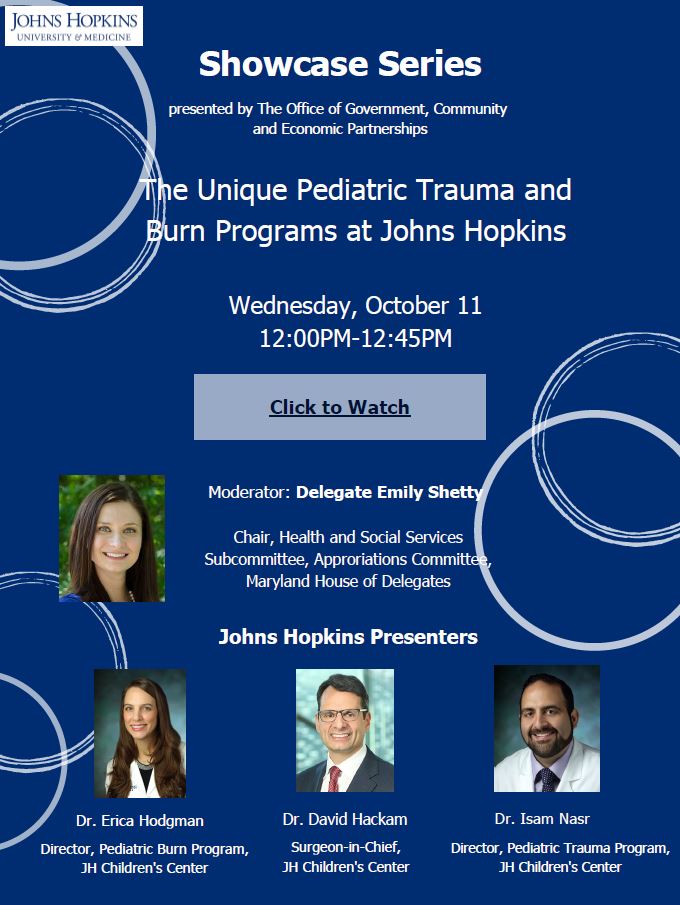 Join us on Wednesday, October 11, at 12noon, to watch the <a href="/JohnsHopkins/">Johns Hopkins University</a> <a href="/HopkinsMedicine/">Johns Hopkins Medicine</a> Showcase Series featuring "The Unique Pediatric Trauma and Burn Programs at Johns Hopkins" with <a href="/eho201/">Erica Hodgman</a>, <a href="/davidhackam/">David Hackam</a>, &amp; <a href="/nasr_isam/">Isam W. Nasr</a>. Click the link below: hopkinsathome.jhu.edu/watch-now