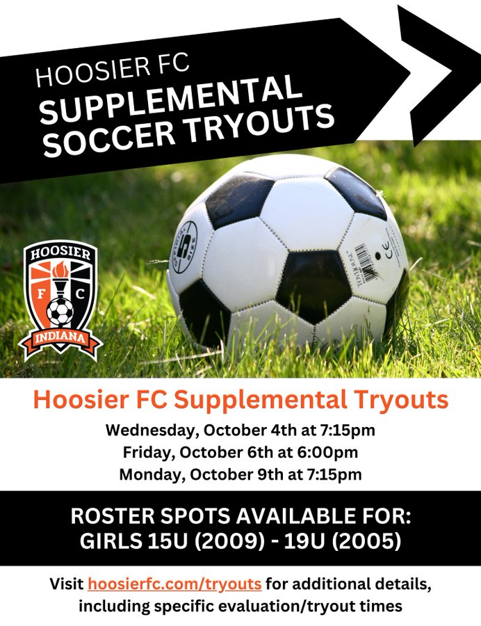 🚨 Supplemental Tryouts This Week 🚨 

Two days away from the first of three dates!   
Visit ➡️ bit.ly/3Pv7J87 for more details.  

#HoosierFC x #DevelopmentMatters