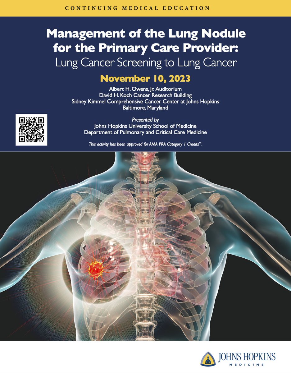 Make sure to register today for this highly relevant course where experts in Pulmonary, Primary Care, Radiology, Thoracic Oncology, Radiation Oncology and Thoracic Surgery will cover all you need to know about the Management of Lung Nodules

🔗hopkinscme.cloud-cme.com/aph.aspx?P=5&E…
