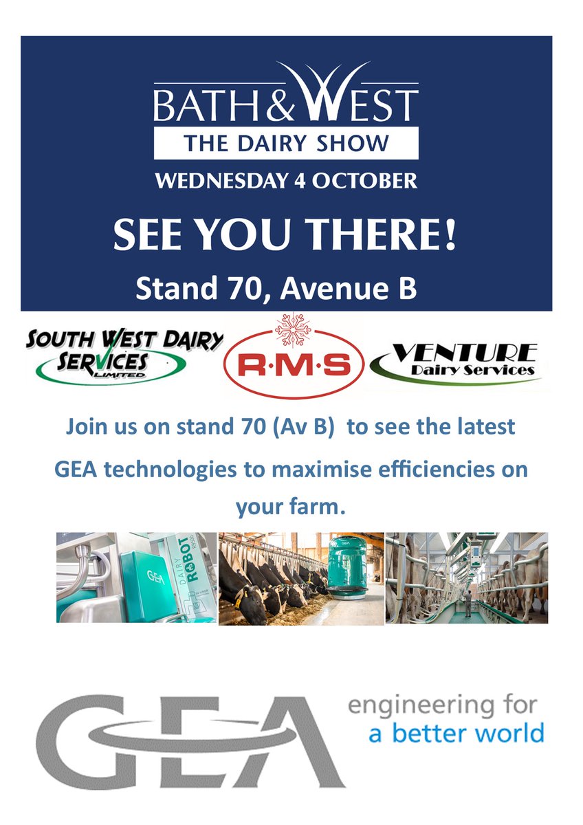 SWDairyServices's tweet photo. Looking forward to seeing many of you at @BathandWest The Dairy Show on Wednesday 4th alongside our fellow @GEA_farming South West dealers @Venturedairy and RMS https://t.co/v7IeCvScOe