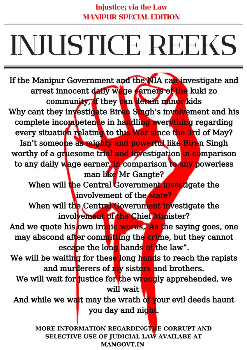 farewellmanipur's tweet photo. INJUSTICE REEKS.

WE DEMAND JUSTICE FOR MR SEIMINLUN GANGTE,FOR ALL
We demand the @NIA_India to release our innocent, the law is not to be spun according to one’s corrupt nature!
We demand Justice!
The Judical Law is not yours to toil with!
#ThisIsKukiZo_Story 
#MeiteiAtrocites https://t.co/jeSWFmXCOD