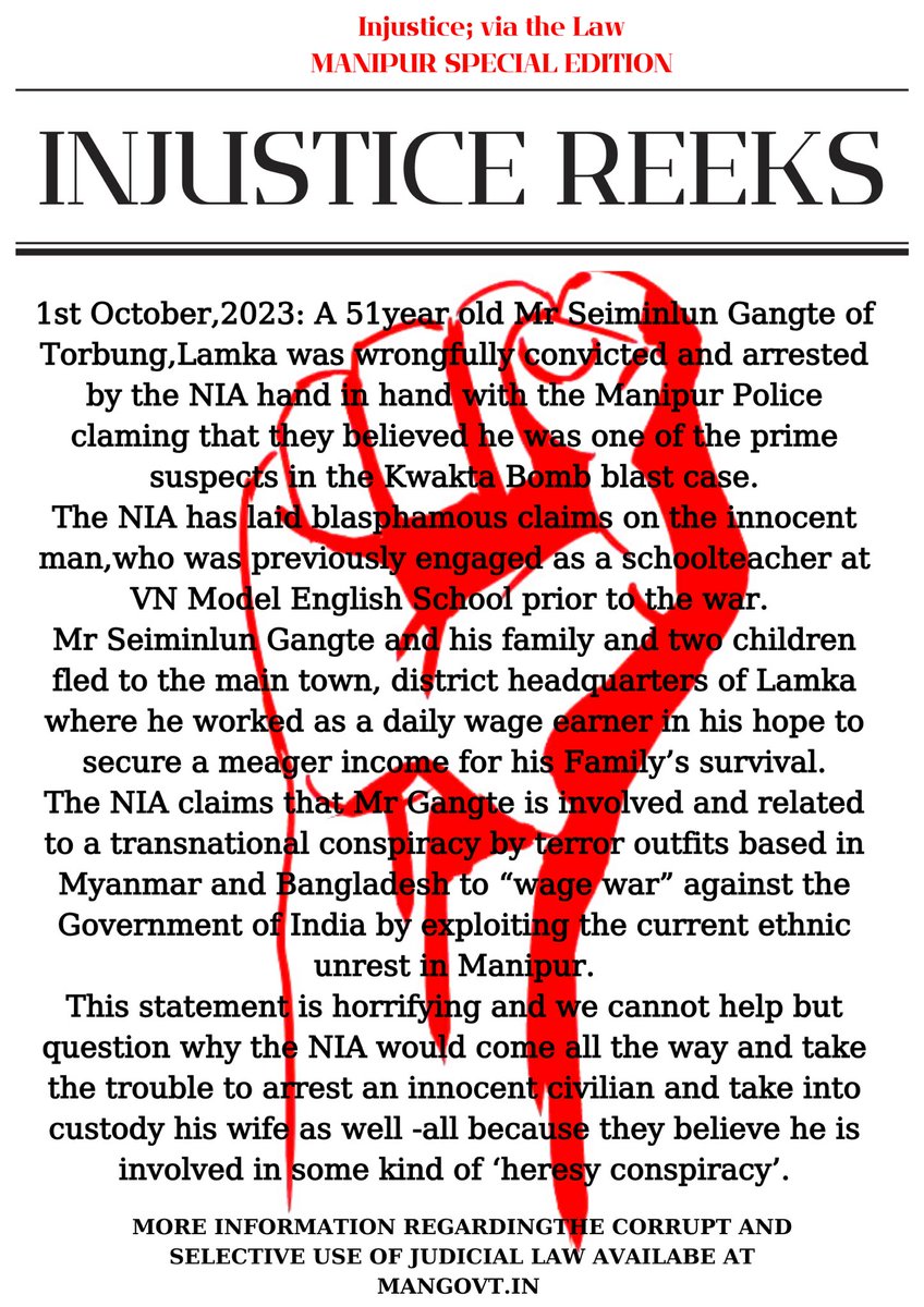 farewellmanipur's tweet photo. INJUSTICE REEKS.

WE DEMAND JUSTICE FOR MR SEIMINLUN GANGTE,FOR ALL
We demand the @NIA_India to release our innocent, the law is not to be spun according to one’s corrupt nature!
We demand Justice!
The Judical Law is not yours to toil with!
#ThisIsKukiZo_Story 
#MeiteiAtrocites https://t.co/jeSWFmXCOD