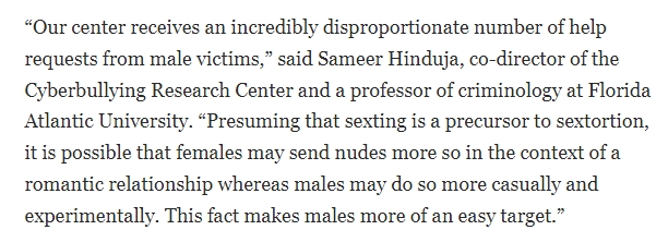 hinduja's tweet photo. New Washington Post piece by @moody on sextortion victimization among teen boys. Extremely compelling writeup and storytelling and very well-researched. I offer my thoughts and many aspects are discussed throughout.  https://t.co/Fzitzzd0rB https://t.co/cX38dJBtca