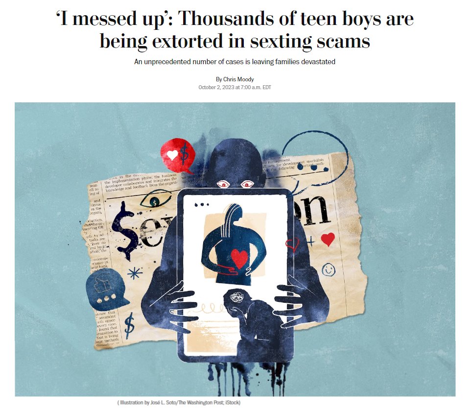 hinduja's tweet photo. New Washington Post piece by @moody on sextortion victimization among teen boys. Extremely compelling writeup and storytelling and very well-researched. I offer my thoughts and many aspects are discussed throughout.  https://t.co/Fzitzzd0rB https://t.co/cX38dJBtca