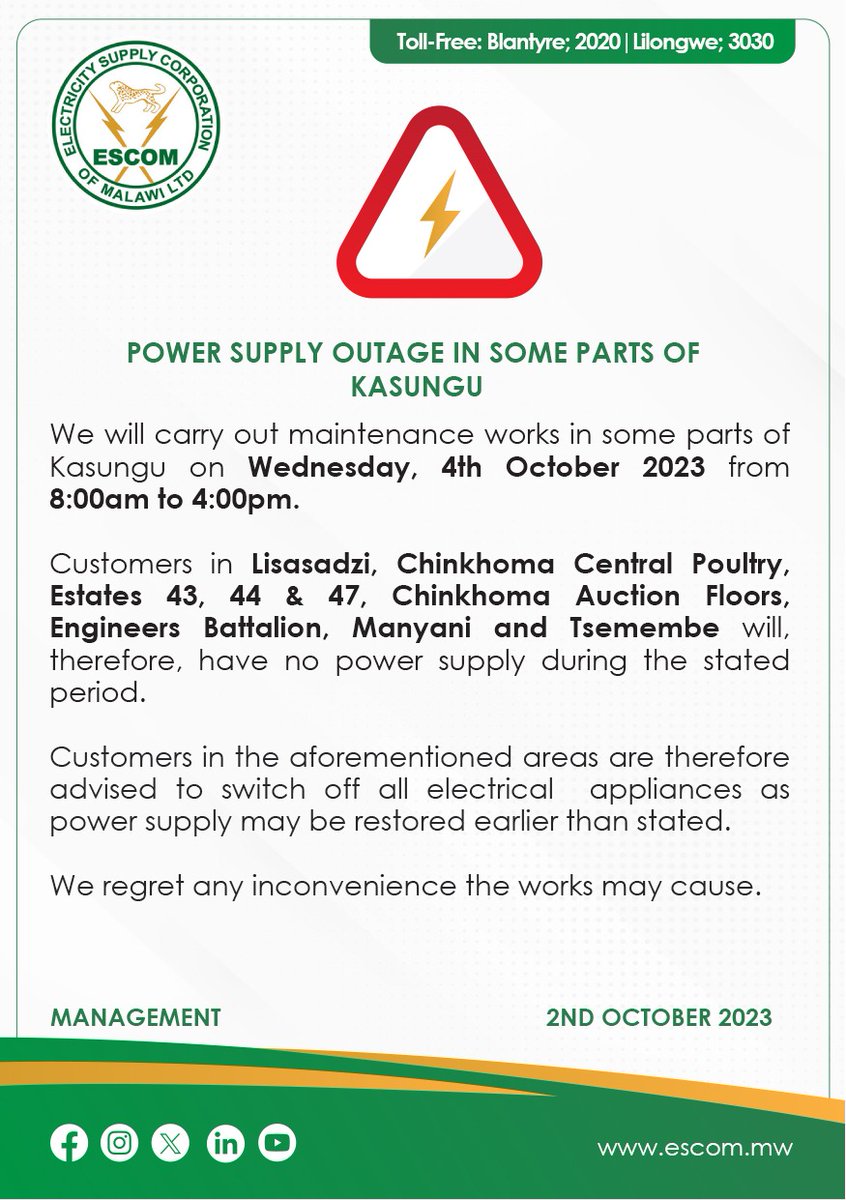 ESCOM_Malawi's tweet photo. POWER SUPPLY OUTAGE IN SOME PARTS OF KASUNGU https://t.co/G9eTaPk5fh