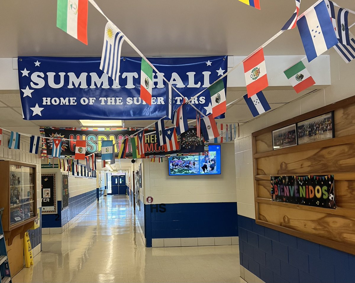 SummitHall_CSL's tweet photo. Embracing culture and diversity! Celebrating the month of Hispanic Heritage…..at Summit Hall, we are sharing facts during morning announcements about our rich Hispanic Heritage and displaying realia and flags!  It is like a FIESTA in our lobby! https://t.co/VwDt1rxjzw