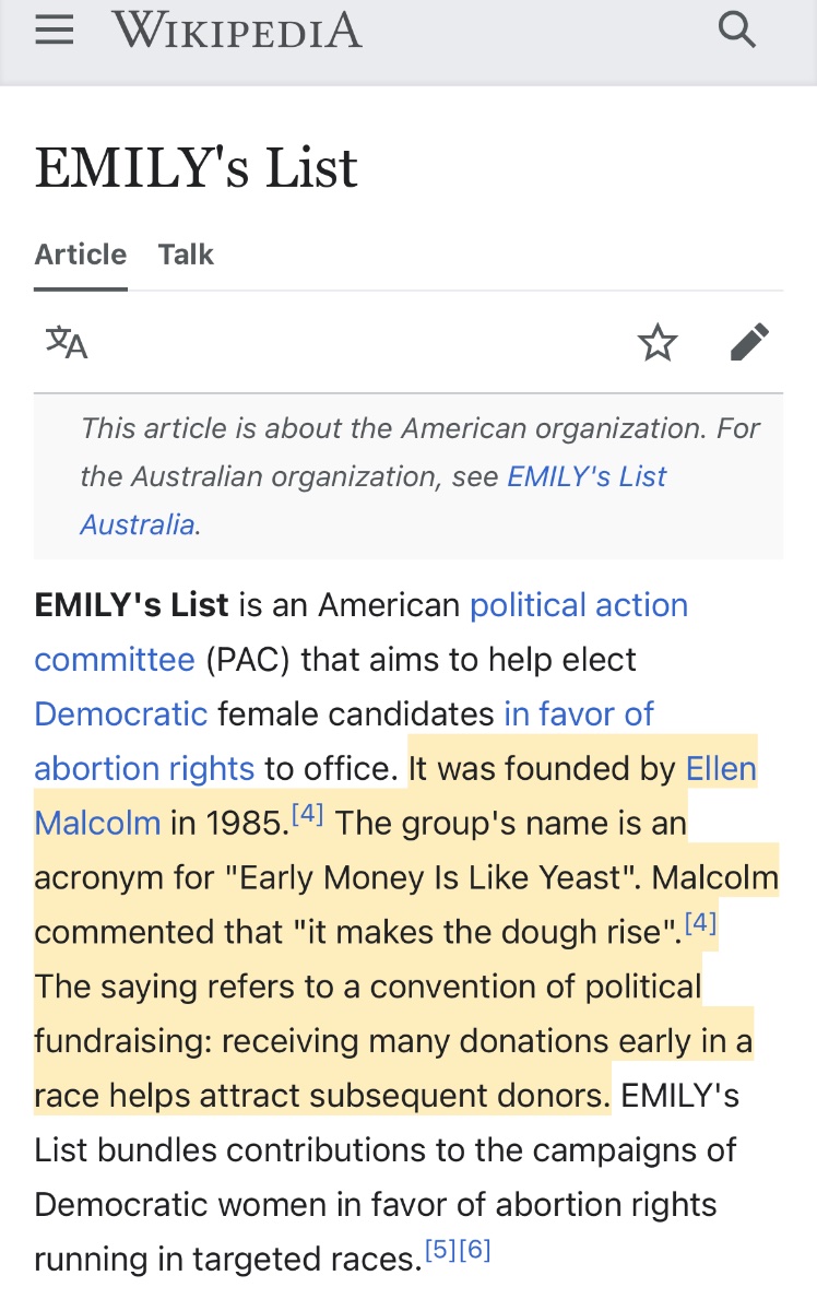 McCormackJohn's tweet photo. Reminder: It isn’t “Emily’s List.” EMILY is an acronym for Early Money Is Like Yeast—it “makes the dough rise” https://t.co/u8lM6QXz6n
