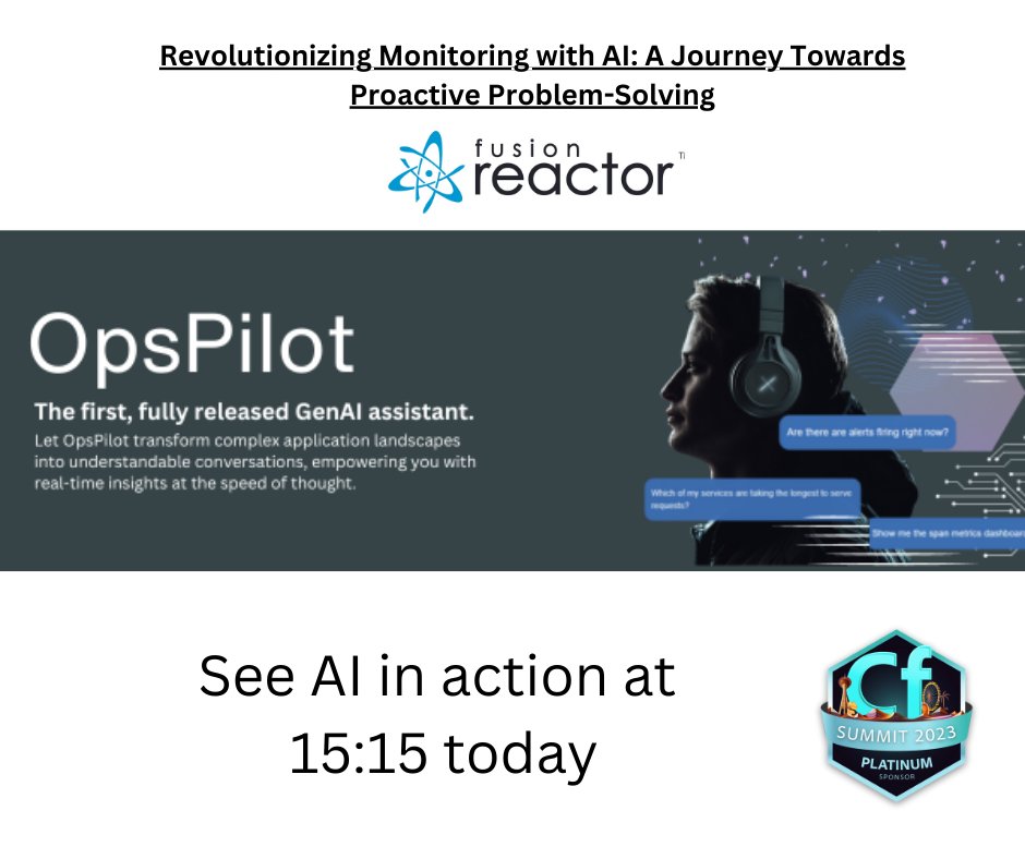 Fusion_Reactor's tweet photo. Catch OpsPilot Assistant by FusionReactor live at #CFSummit in Vegas! Witness the world's first AI-fueled #ColdFusion #observability wizard in action! https://t.co/HRBZKIMzIA