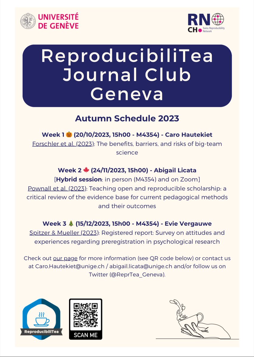 ReproducibiliTea Geneva (@reprtea_geneva) on Twitter photo Excited to share our schedule for another ReproducibiliTea semester <a href="/UNIGEnews/">Université de Genève</a> with presenters @HautekietCaro, @licataae, and @EvieVergauwe 📚🤓 Hope to see many of you there! 🎃🍁🎄 Excited to share our schedule for another ReproducibiliTea semester <a href="/UNIGEnews/">Université de Genève</a> with presenters @HautekietCaro, @licataae, and @EvieVergauwe 📚🤓 Hope to see many of you there! 🎃🍁🎄