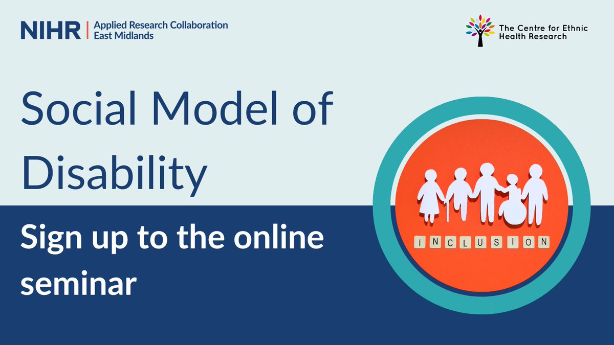 Learn more about the Social Model of Disability at the upcoming seminar hosted by our <a href="/EthnicHealthRes/">Centre for Ethnic Health Research</a>. 

🗓️23 Oct 2023
🕐13:00 — 14:00
💻Online 

Register via Eventbrite: tinyurl.com/3tb44yjf

#SocialModelSeminar