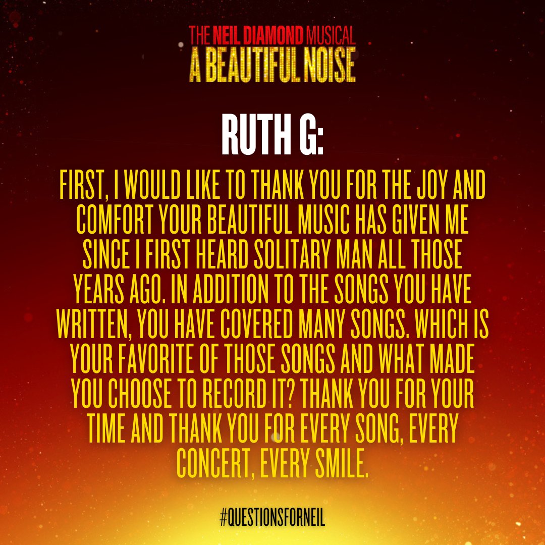 beautifulnoise's tweet photo. Ruth's #QuestionForNeil: "In addition to the songs you’ve written, you’ve covered many songs. Which is your favorite of those songs and what made you choose to record it?" 👉 Swipe for @NeilDiamond's response.

Come back tomorrow for the next question answered by Neil Diamond! https://t.co/J8fh1KtpKO