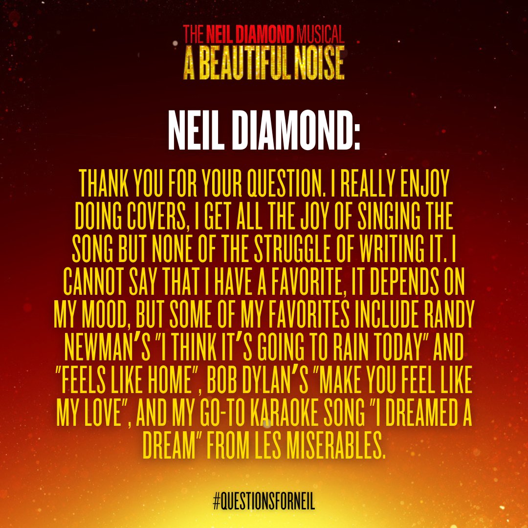 beautifulnoise's tweet photo. Ruth's #QuestionForNeil: "In addition to the songs you’ve written, you’ve covered many songs. Which is your favorite of those songs and what made you choose to record it?" 👉 Swipe for @NeilDiamond's response.

Come back tomorrow for the next question answered by Neil Diamond! https://t.co/J8fh1KtpKO