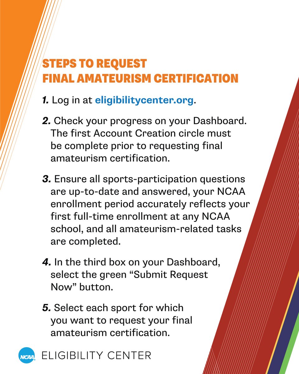 If you're enrolling at an <a href="/NCAA/">NCAA</a> DI or <a href="/NCAADII/">NCAA Division II</a> school this winter/spring—request your final amateurism certification. This must be done before you're eligible to compete.

🔗 on.ncaa.com/AmatCert