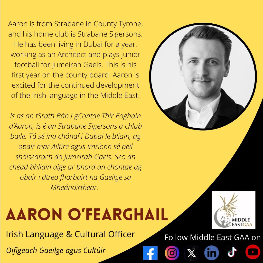 The Middle East County Board is pleased to announce the election of Aaron O’Fearghail from Jumeirah Gaels to the role of Irish Language and Cultural Officer/ Oifigeach Gaeilge agus  Cultúir. 
The Middle East County Board is supported by <a href="/ONeills1918/">O'Neills</a> and the GGDF.

#MiddleEastGAA