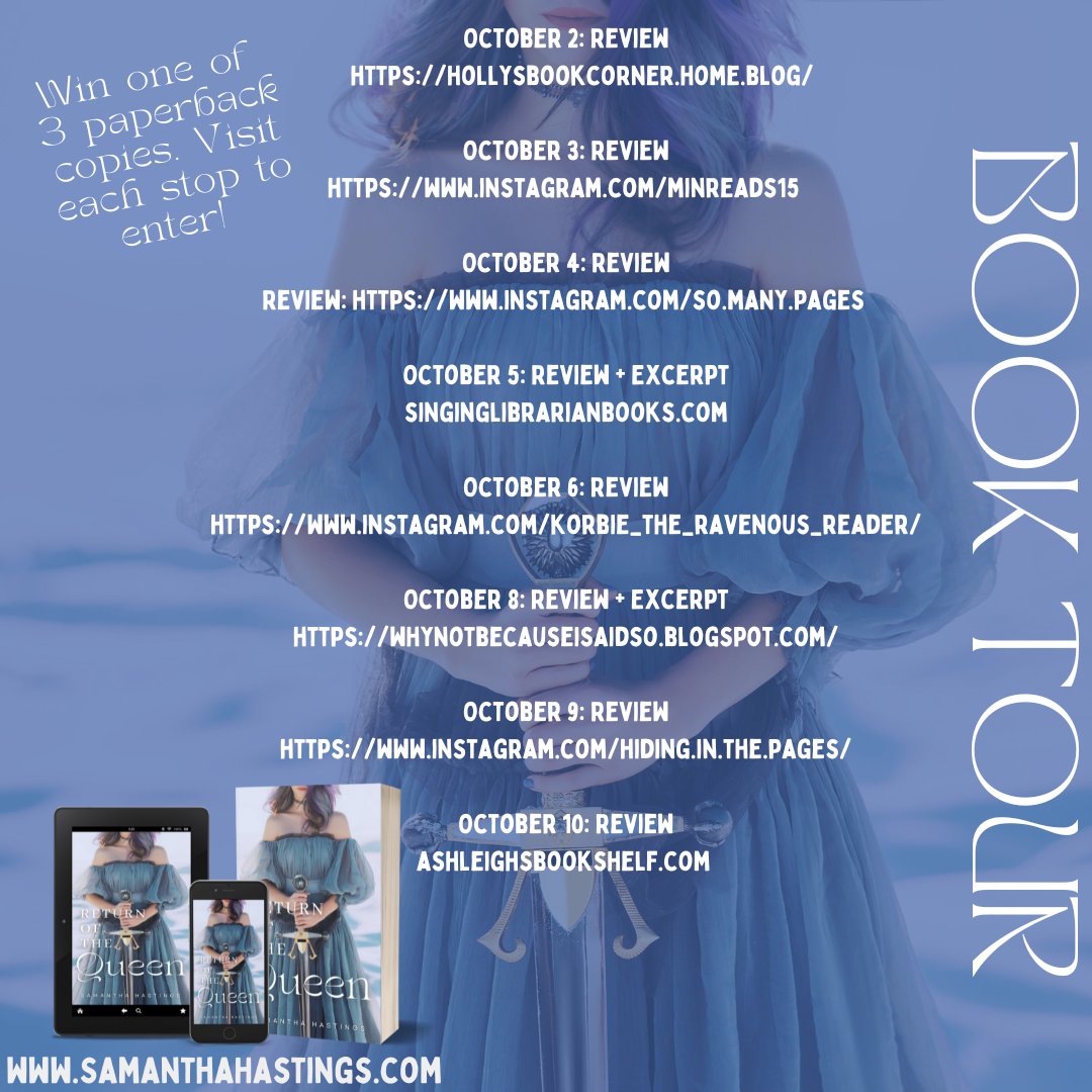 RETURN OF THE QUEEN is available now! Ebook $4.99, Paperback $14.99, and in Kindle Unlimited. Amazon: a.co/d/ixTLkrZ

Visit each stop of the Book Tour for a chance to win one of 3 paperback copies:
samanthahastings.com/2023/09/book-t…

You can enter everyday: rafflecopter.com/rafl/display/3…?