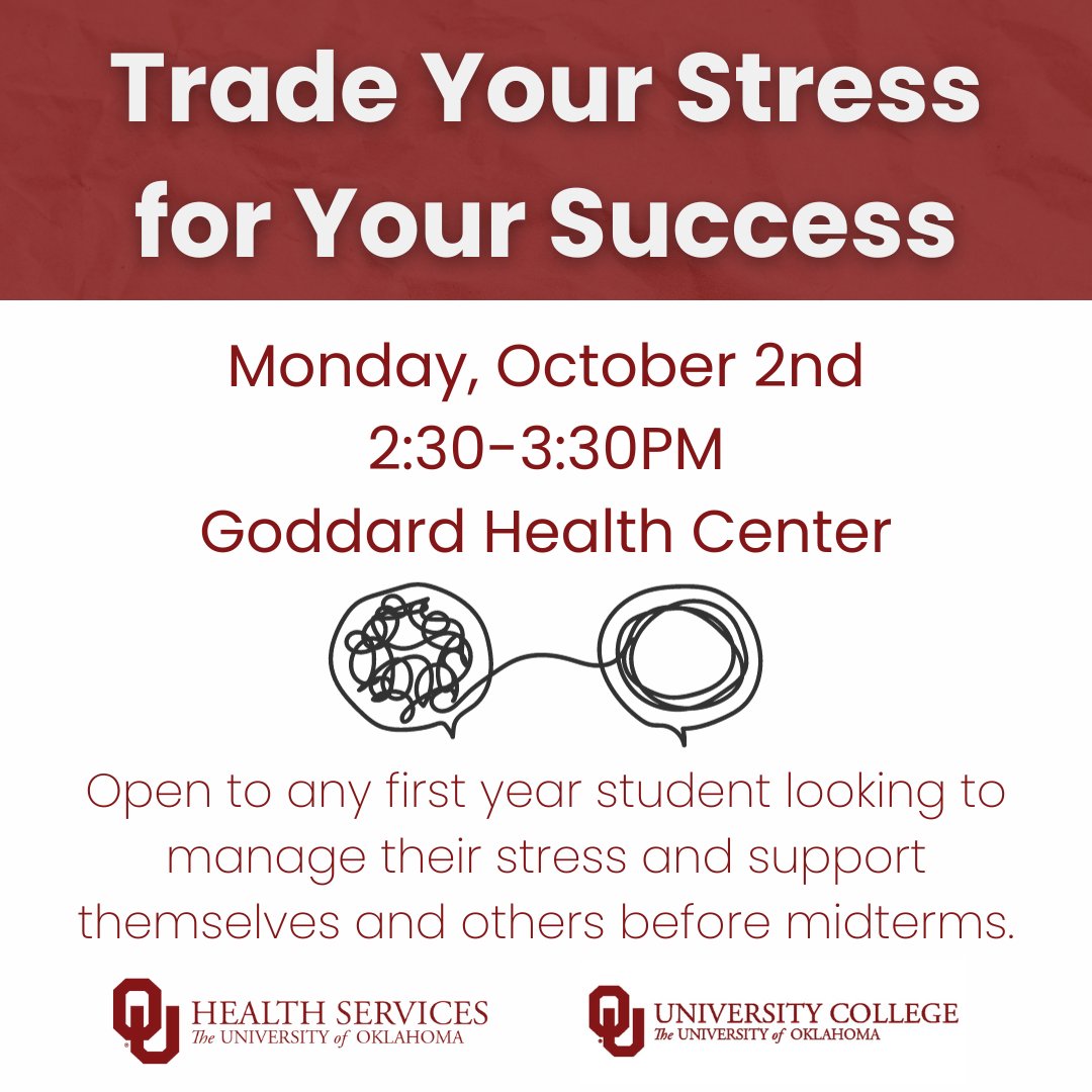 Today we are hosting a stress management + coping workshop for first year students through @OU_UC . We're offering our most popular presentation specifically geared for first-year students. No RSVP required.
For questions or accommodations, email healthpromotion@ou.edu