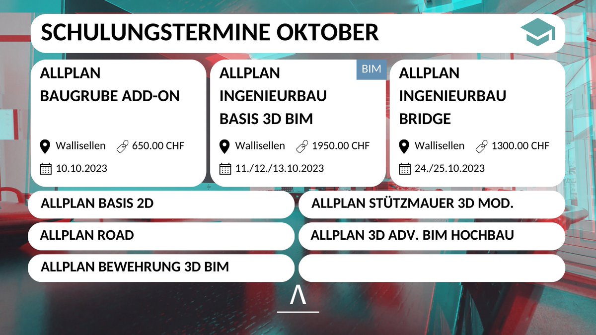AllplanSchweiz's tweet image. 📣 Lust auf Weiterbildung? 📚 Dann ist jetzt die perfekte Gelegenheit, um deine Fähigkeiten im Baugruben Add-On oder in Allplan Bridge auszubauen!
Entdecke auf unserer Webseite das breite Angebot an Kursen:
hubs.li/Q023-q2d0?
#allplan #allplanschweiz #bimplus #engineering