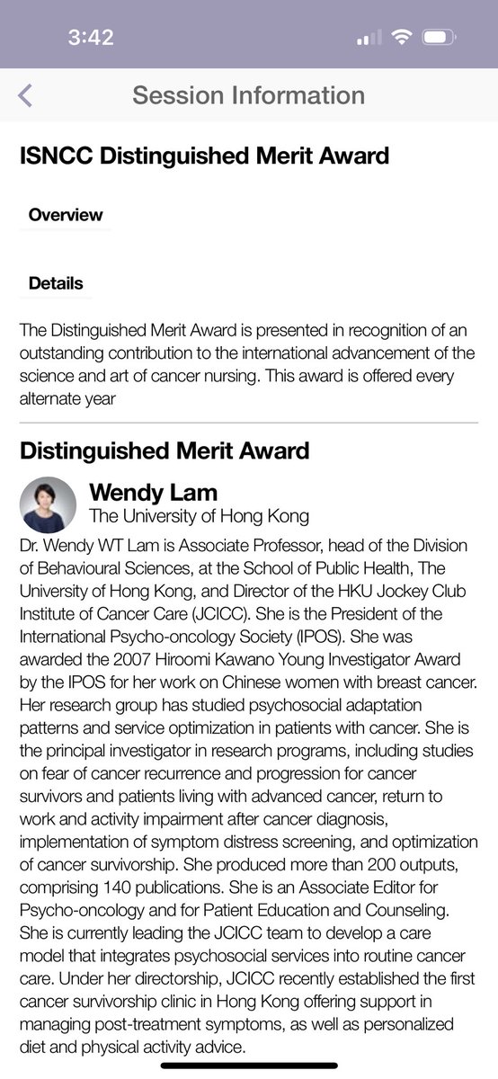 I am thrilled to be the recipient of the @ISNCC 2023 Distinguished Merit Award. It is a great honour to receive this prestigious recognition for my work in psycho-oncology. #ICCN2023