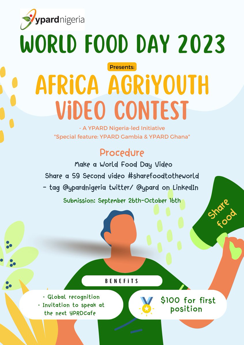 ypardnigeria's tweet photo. Agri youth all over Africa! It's time for the first Agri Youth Video Contest in commemoration of #WorldFoodDay2023 Post a 59-second video of yourself contributing to sustainable production while doing it in a sustainable way. Read the flyer.
#NoWaterNoFood 
#ShareFoodToTheWorld https://t.co/RCwOz0gOpM