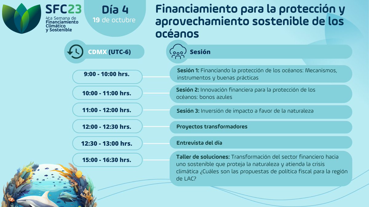 GrupoGFLAC's tweet photo. 📢 🌊 ¡Checa la agenda del día 4 y únete a la conversación sobre la protección de los océanos! 

🌍No te pierdas el taller  "Transformación del sector financiero hacia uno sostenible". Exploraremos propuestas de política fiscal para LAC.

¡Acompáñanos 🔗https://t.co/mvI6bJVDvF ! https://t.co/CfDbW9ZOpu